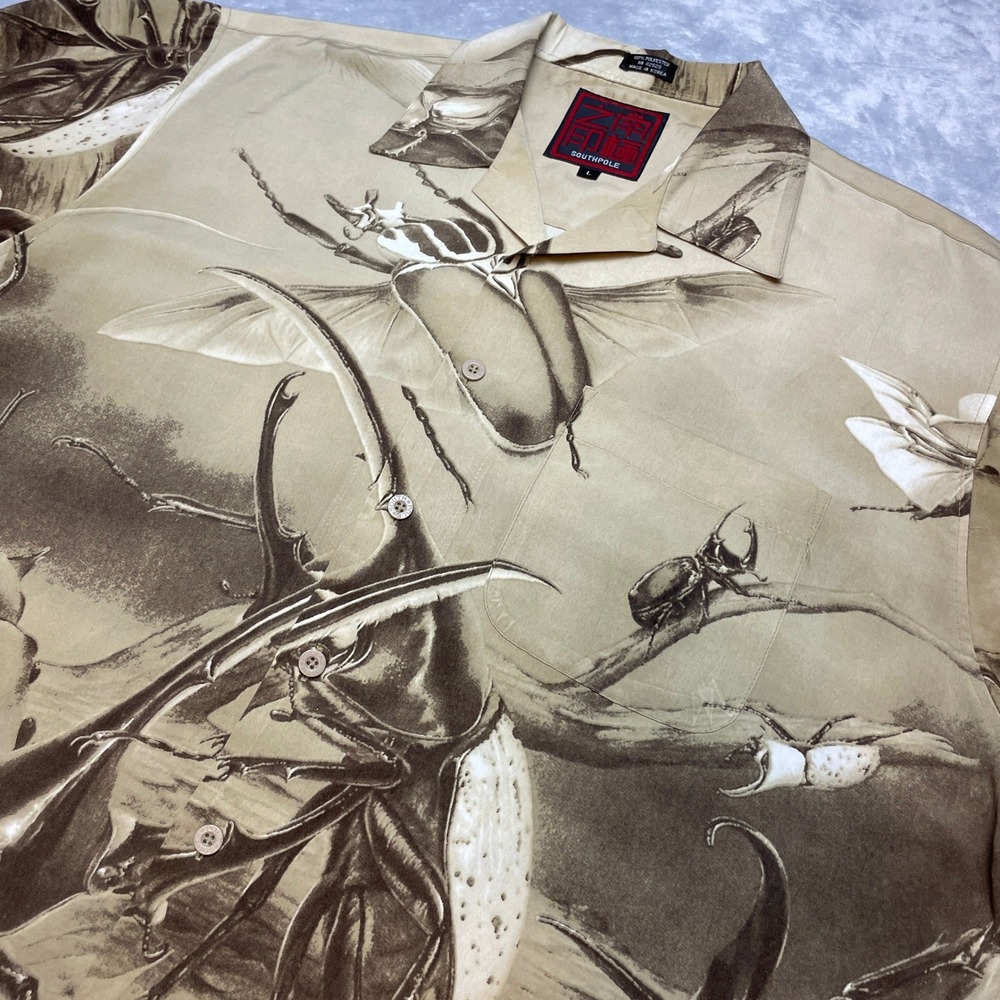 Vintage Southpole Mens Beetle Graphic Shirt Size L Brown Insect Print Button Up